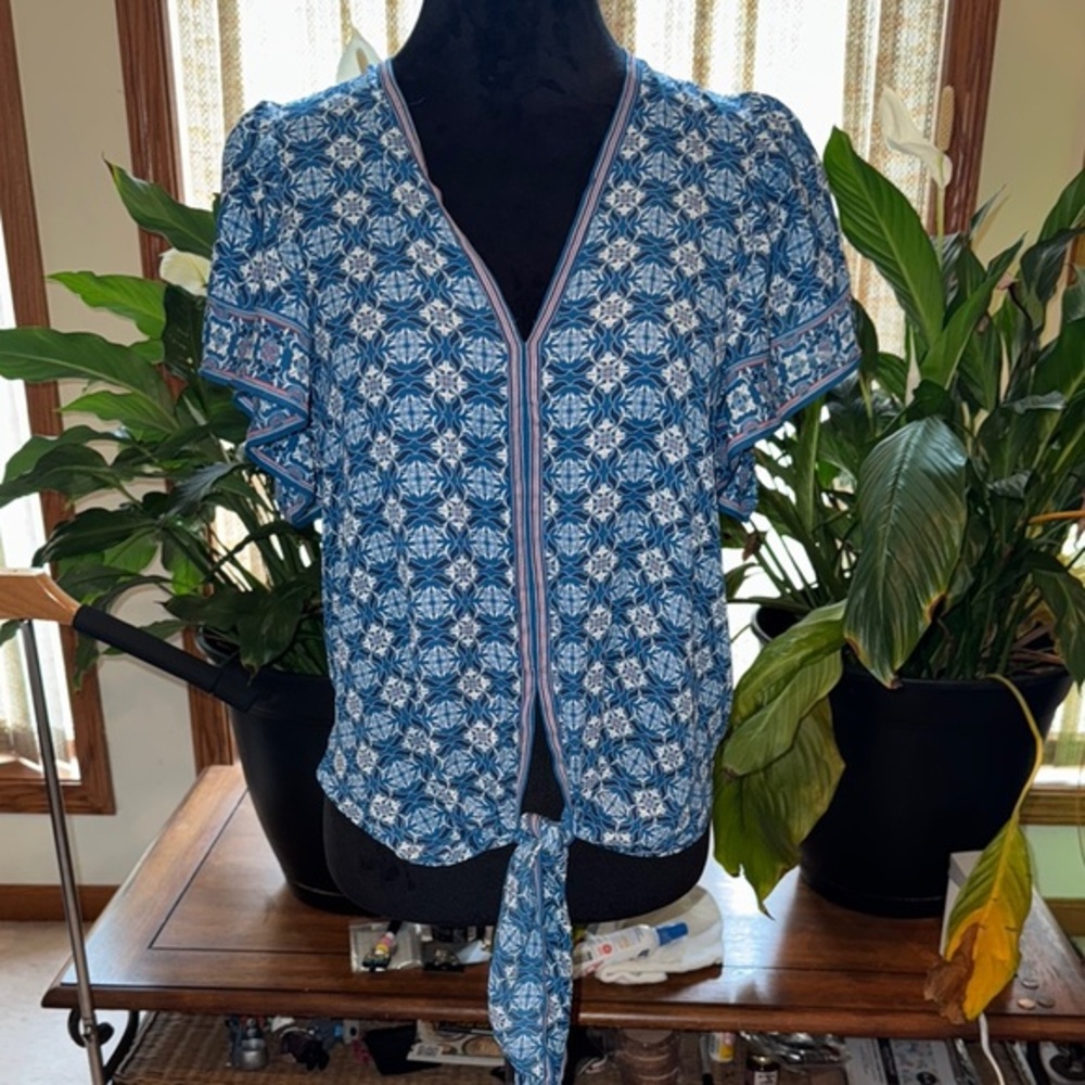 Max Studio Blue and White Tie Front Ruffled Blouse